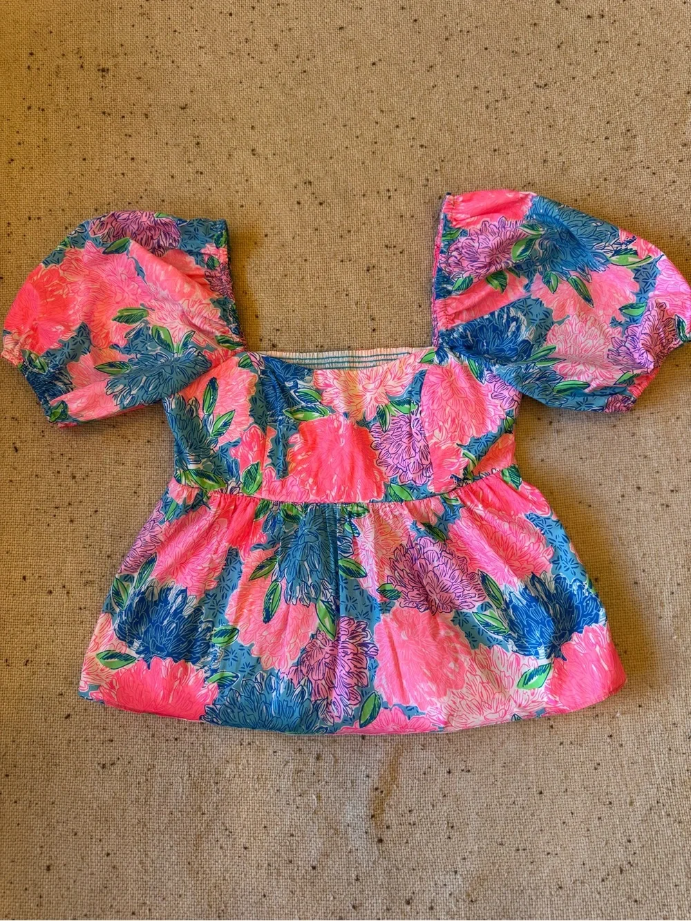 Lilly Pulitzer Women's Floral Puff Sleeve Peplum Top Pink Blue Size 2